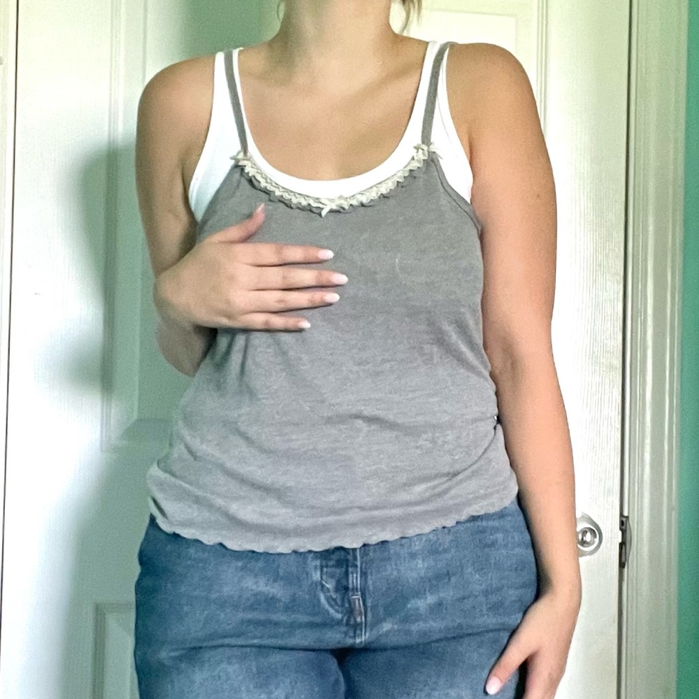 thin grey tank top w/ white lace
